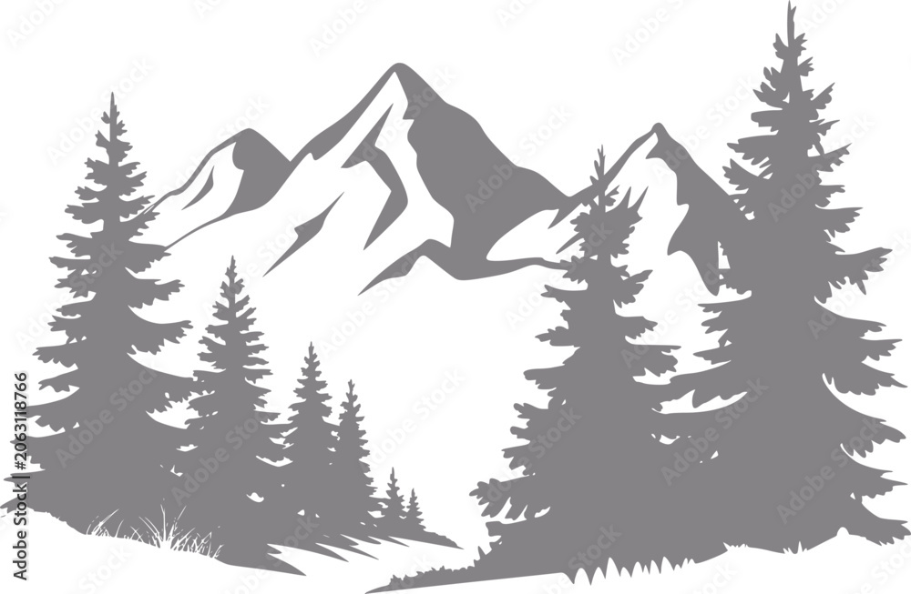 Obraz premium Silhouette of pine trees in front of snow-capped mountains