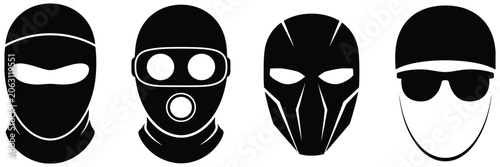 Photos Masked criminal face icon set featuring balaclava disguises, thief silhouettes and security warning symbols in vector illustration style