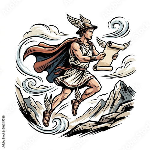 Photos Ancient Greek god Mercury flying with scroll and winged sandals.