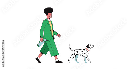 Man in green suit walking a Dalmatian dog.