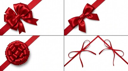 Red satin ribbon and bow set collection isolated on white background, featuring different styles of festive holiday gift wraps for Christmas and birthdays.