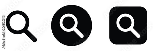 Search icon set, magnifying glass UI symbols in circular and rounded square buttons for find lookup and navigation interface design.