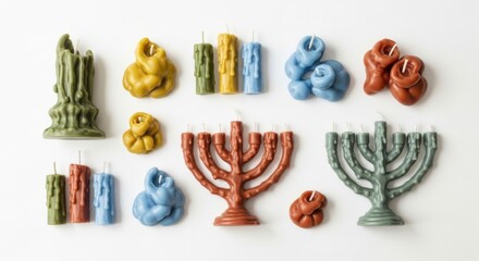 Assorted Hanukkah Menorahs and Candles in Various Shapes and Colors