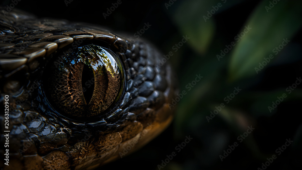 Fototapeta premium Extreme macro of a textured snake eye reflecting a forest