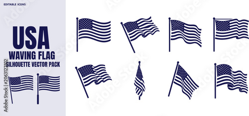 Quadro su tela Collection of waving United States flags silhouette vector pack on white backgro
