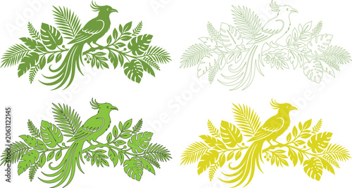 Canvastavla Exotic bird vector illustration set, tropical jungle bird perched on lush green
