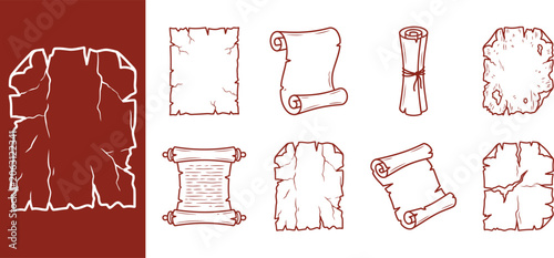 фотографія Ancient parchment scrolls and stone tablets vector illustration set silhouette
