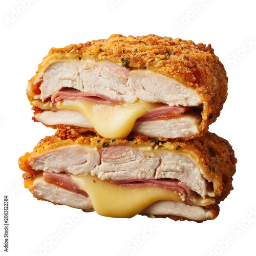 A cross section of a crispy breaded chicken cordon bleu stuffed with melted yellow cheese and sliced ham isolated on a solid black background