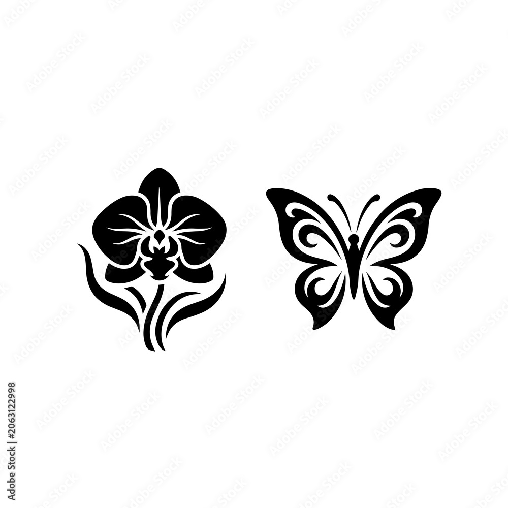 Fototapeta premium Stylized orchid flower and ornate butterfly silhouette design with butterfly