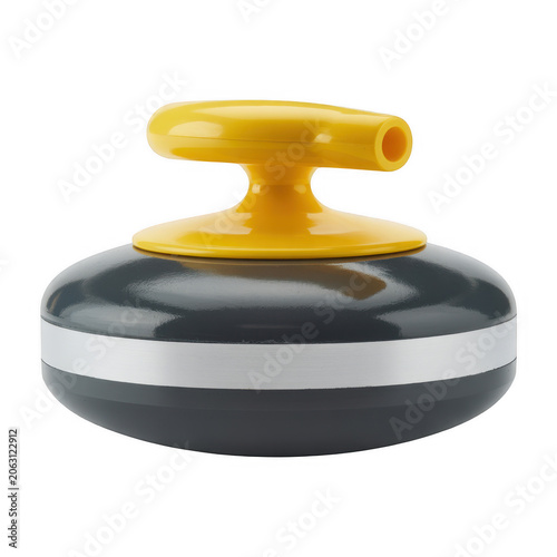 A dark grey curling stone with a bright yellow handle and a white stripe, isolated on a white background, for winter sports, equipment visuals