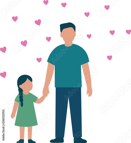 Happy Father And Daughter Holding Hands With Love Hearts Family Bonding Vector Illustration Isolated on Transparent Background PNG.