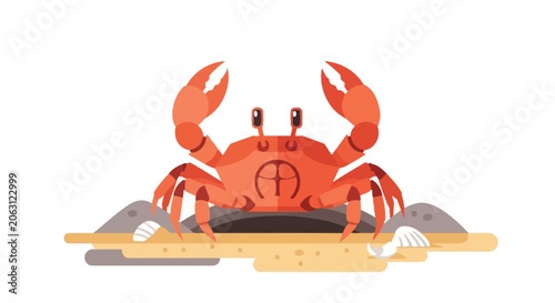 Billede på lærred A flat vector illustration of a red crab with shells and sand presented as a sil