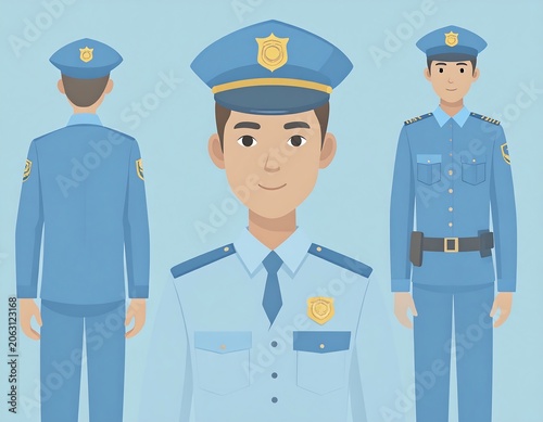 Police officer in uniform, three views