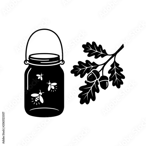 Firefly jar and oak branch with acorns icon set botanical wildlife isolated