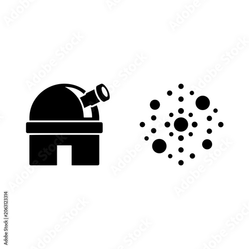 Modern observatory building and star cluster icon with observatory, telescope
