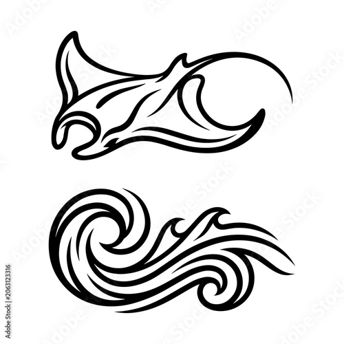 Manta ray and ocean wave tribal tattoo style with illustration, stylized
