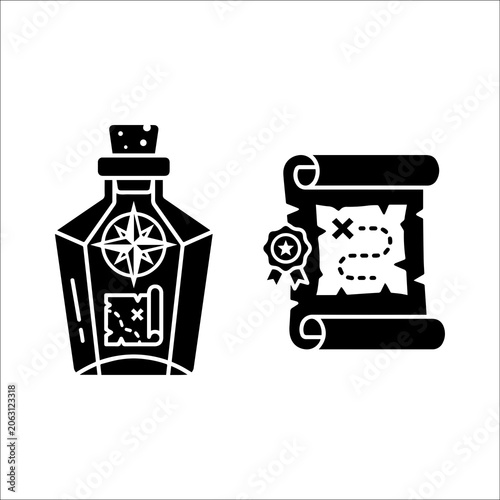 Treasure map bottle and ancient scroll set icon with bottle message, treasure