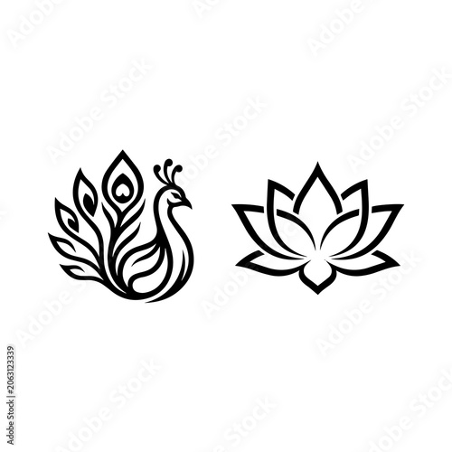 Graphic icons of a stylized peacock and an open lotus blossom flower
