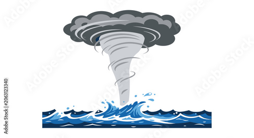 Obraz na płótnie A swirling tornado over ocean waves depicted as a flat vector illustration with