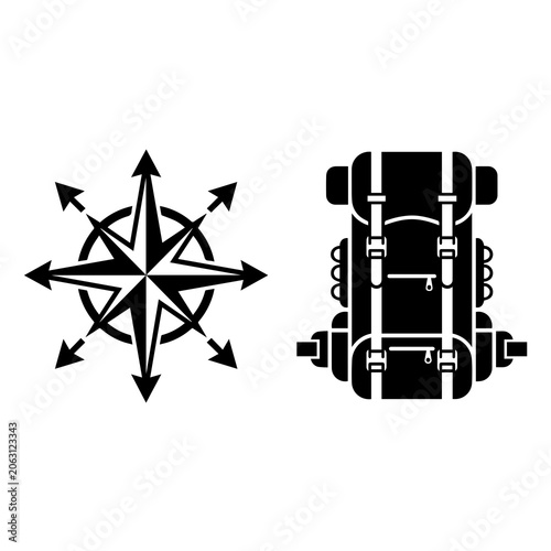 Compass rose and hiking backpack travel icon with travel gear, navigation tool