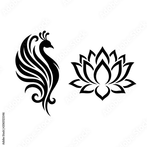 Elegant stylized peacock bird and blooming lotus flower black silhouette icons