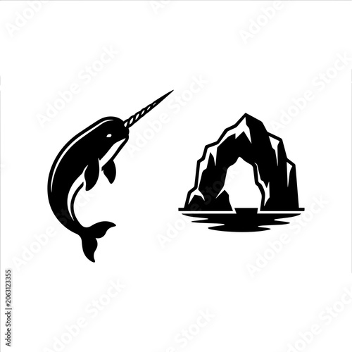 Narwhal and iceberg sea arch graphic icon set with sea creature, wildlife