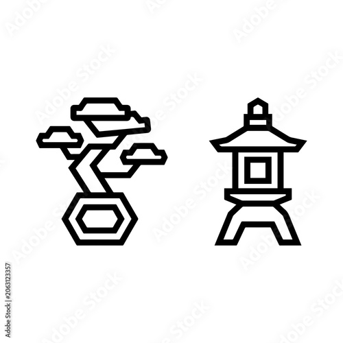 Japanese style bonsai tree and traditional stone lantern line art icons