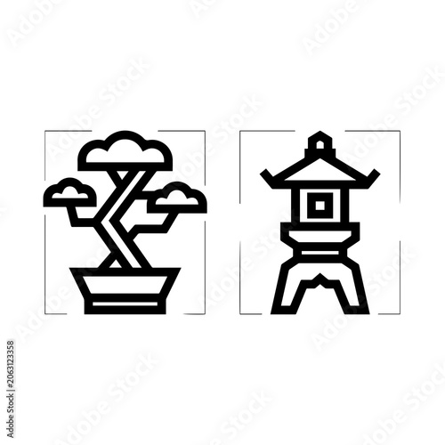Linear icons of a potted bonsai tree and stone pagoda in square frames