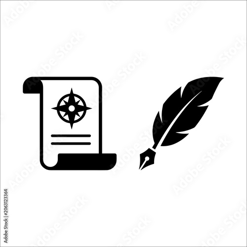 Scroll with compass rose and feather quill pen icon navigation document