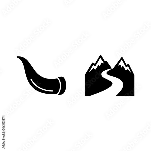 Curved animal horn and mountain landscape icons with mountain, landscape