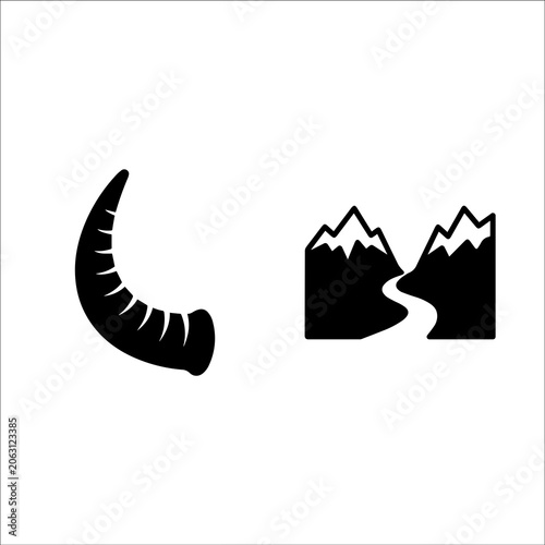 Abstract graphic set featuring animal horn and mountain landscape river icon