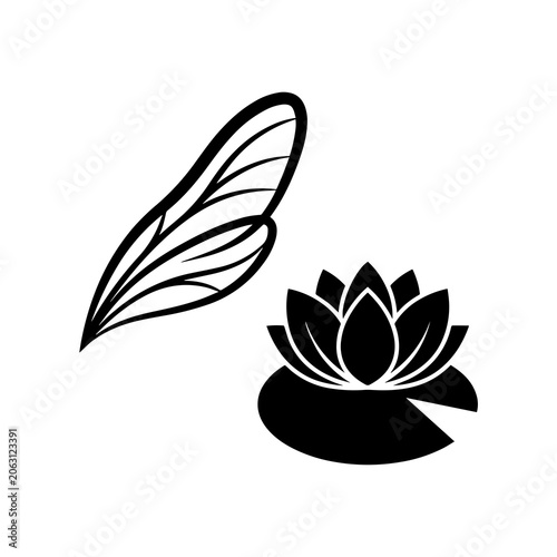 Minimalist dragon fly wing and lotus flower water lily icon set with dragonfly