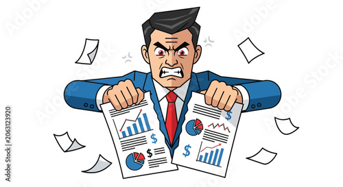 Fotografía Angry businessman tearing papers with charts and graphs a stylized vector silhou