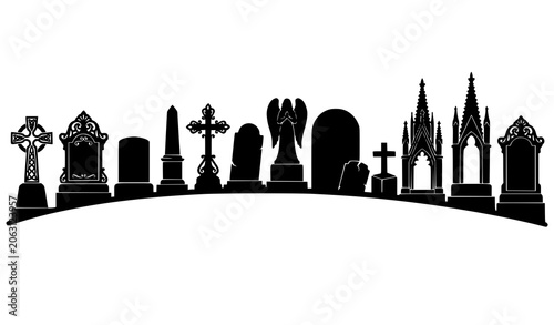 Bild auf Leinwand Decorative black cemetery panorama vector with gothic tombstones crosses gravest