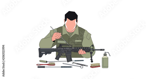 Foto Silhouette of a soldier maintaining an assault rifle with cleaning tools flat ve