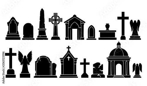 Bild auf Leinwand Modern black graveyard silhouette collection with tombstones crosses memorials a