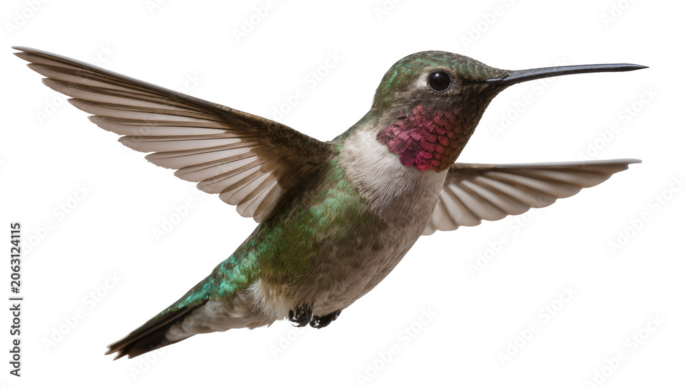 Obraz premium Anna s Hummingbird with iridescent green and pink feathers in flight
