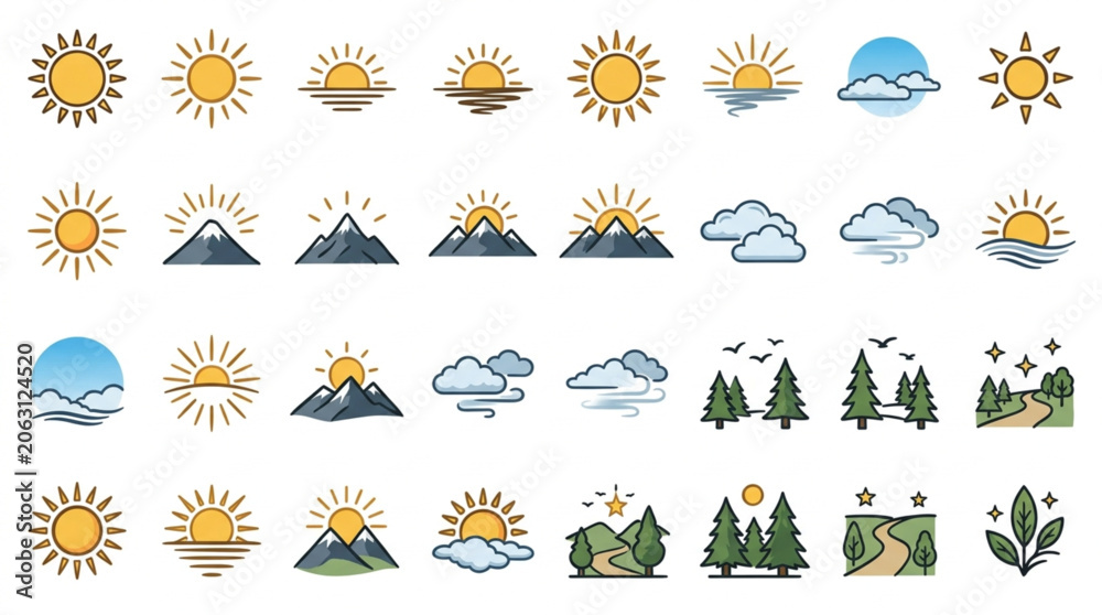 Obraz premium Collection of Hand Drawn Sun and Nature Icons.