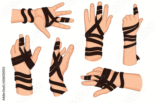 Athletic finger tape and hand bandage set, black kinesiology tape for sports injury prevention, medical compression wrap on human hands vector, protective athletic strapping collection