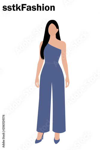 Woman in blue one shoulder jumpsuit with wide legs and high heels female. Resizable and Editable. EPS, 10.