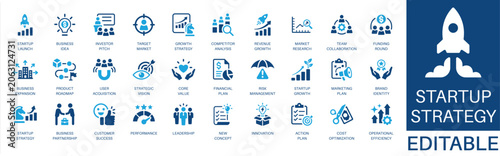 Startup strategy and growth solid icon set. Featuring startup launch, business idea, investor pitch, market research, and growth strategy. Editable vector glyphs for corporate planning.