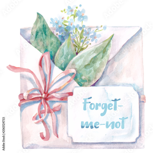 Watercolor envelope with forget me not flowers, ribbon and gift tag. Delicate floral illustration in soft pastel colors for greeting cards, invitations, stationery and romantic designs.