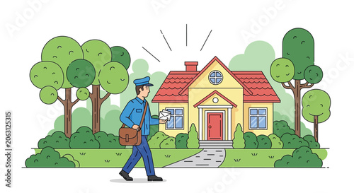 Foto Vector illustration of a house postman and trees with a flat colorful silhouette