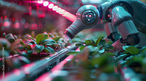 Futuristic Illustration of AI Robot Gardener Caring for Luminous Digital Plants in Smart Greenhouse, Tech and Nature Fusion
