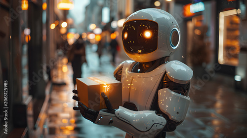Futuristic Illustration of AI Delivery Robot Delivering Parcel to Customer, Smart Home Entrance, Evening City Glow, Friendly Interaction

