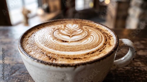 Tracking shot of latte cup with detailed latte art on wooden table being gently pushed in during cozy cafe morning interior, warm natural light and rustic mood