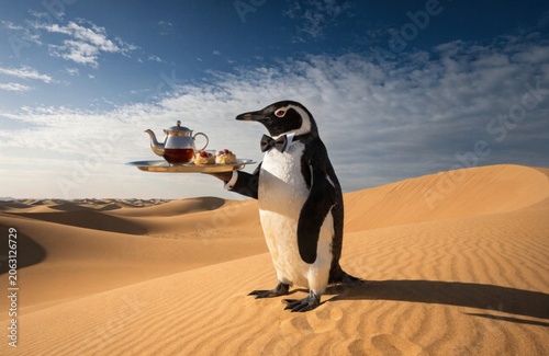 Surreal penguin serving tea in tuxedo on silver tray in hot desert dunes whimsical event unique beverage presentation outdoor scene humorous concept