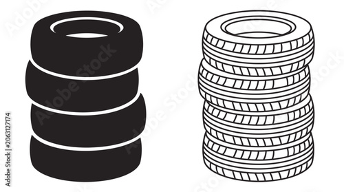 Stacked Tires Silhouette On White Background automotive