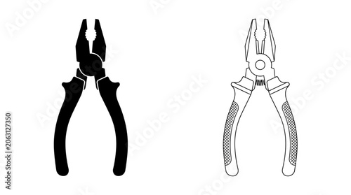 Obraz na płótnie Pliers Black Silhouette And Line Art Illustration On White Background