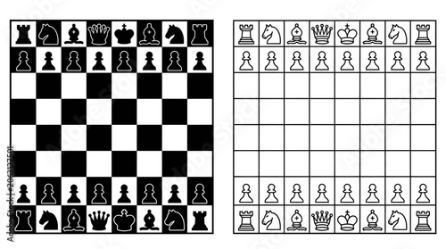 Tableau sur toile Chessboard And Pieces Black And White Vector Illustration